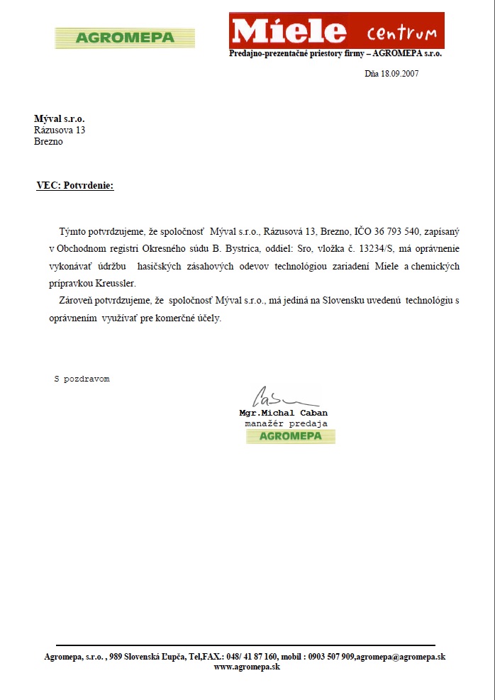 Potvrdenie autorizovaného Miele centra – AGROMEPA certifikácia pre MÝVAL s.r.o.